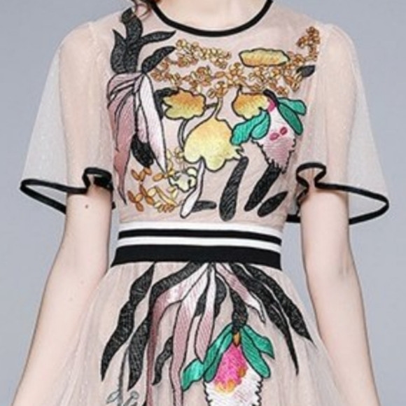 Upustyle Gardenia Embroidered Short Sleeve Midi Leght Dress - Picture 3 of 17